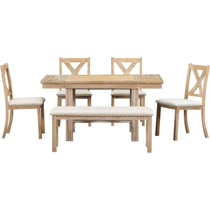 Farmhouse 82inch 6-Piece Extendable Dining Table with Footrest, 4 Upholstered Dining Chairs and Dining Bench, Two 11"Removable Leaf, Natural+Beige Cushion