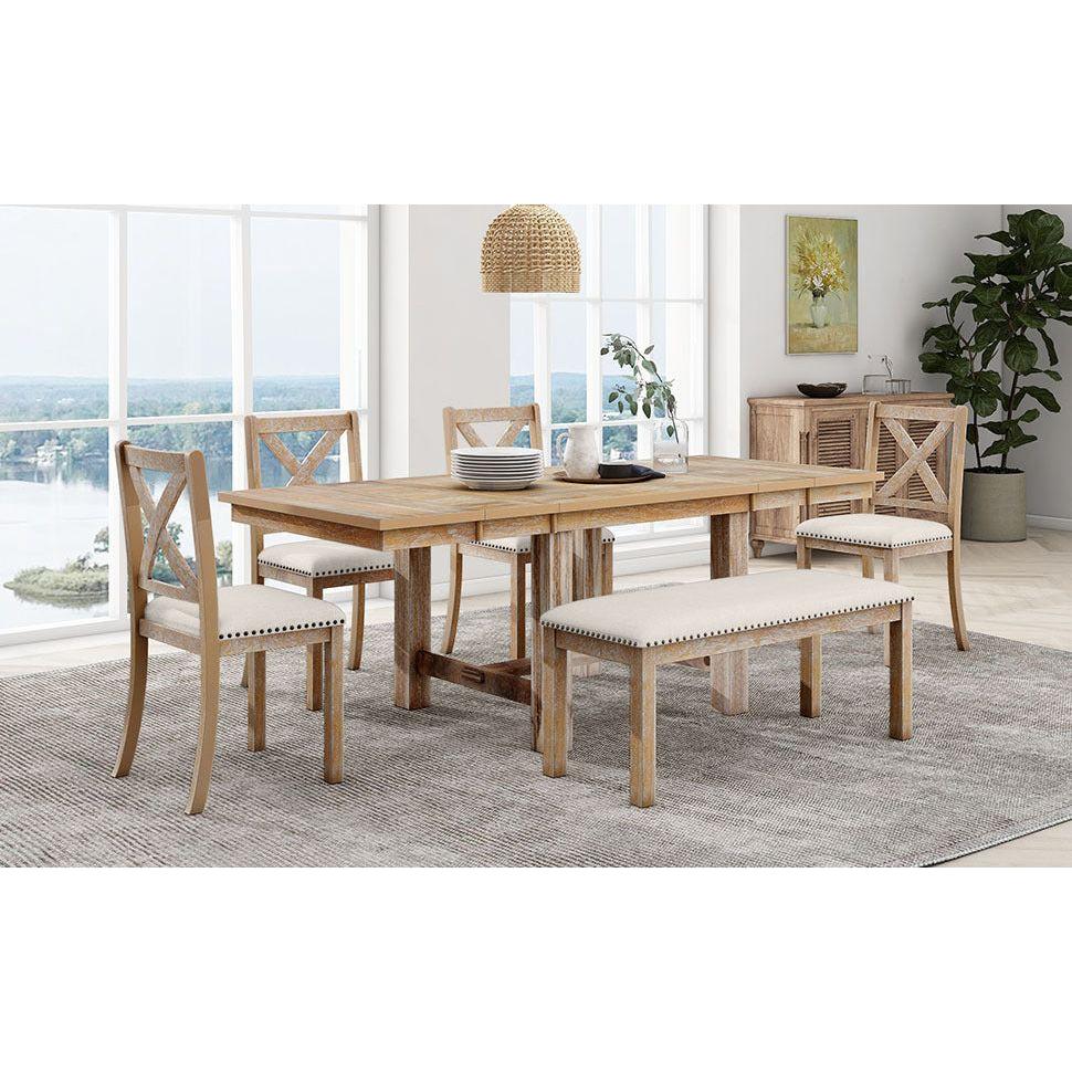 Farmhouse 82inch 6-Piece Extendable Dining Table with Footrest, 4 Upholstered Dining Chairs and Dining Bench, Two 11"Removable Leaf, Natural+Beige Cushion