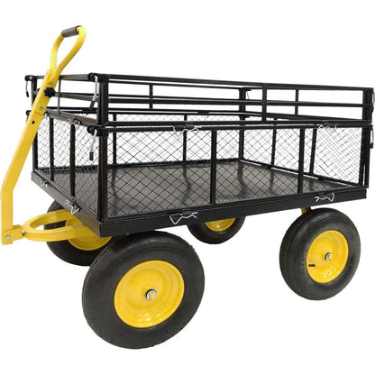 Steel Garden Cart, Heavy Duty 1400 lbs Capacity, with Removable Mesh Sides to Convert into Flatbed, Utility Metal Wagon with 2-in-1 Handle and 16 in Tires, Perfect for Garden, Farm, Yard