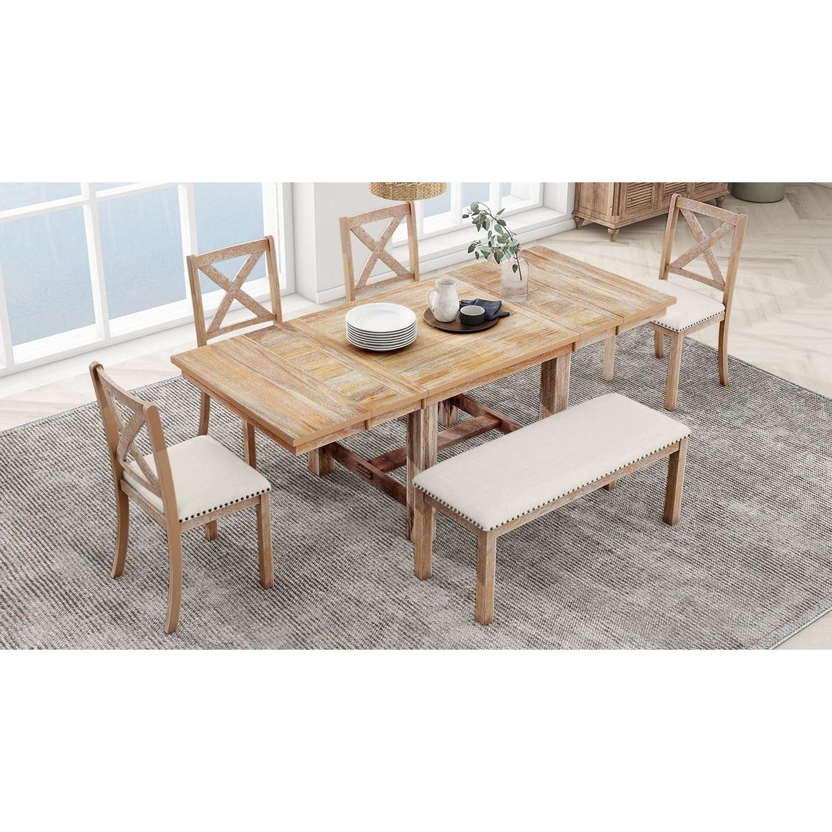 Farmhouse 82inch 6-Piece Extendable Dining Table with Footrest, 4 Upholstered Dining Chairs and Dining Bench, Two 11"Removable Leaf, Natural+Beige Cushion