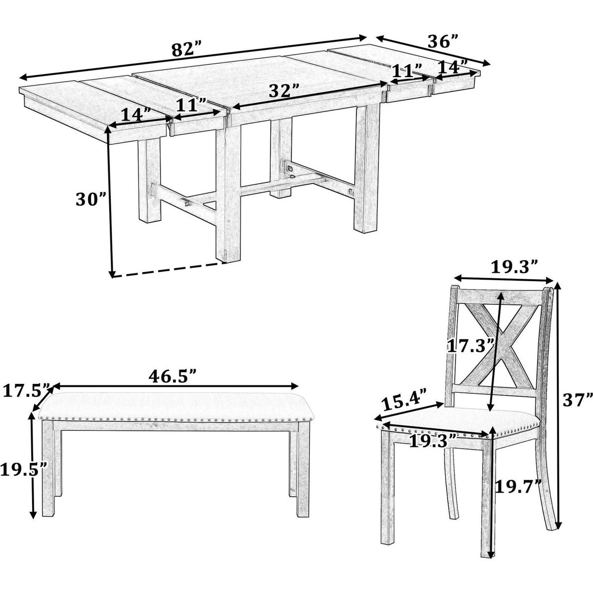 Farmhouse 82inch 6-Piece Extendable Dining Table with Footrest, 4 Upholstered Dining Chairs and Dining Bench, Two 11"Removable Leaf, Natural+Beige Cushion