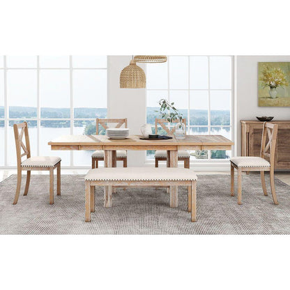 Farmhouse 82inch 6-Piece Extendable Dining Table with Footrest, 4 Upholstered Dining Chairs and Dining Bench, Two 11"Removable Leaf, Natural+Beige Cushion