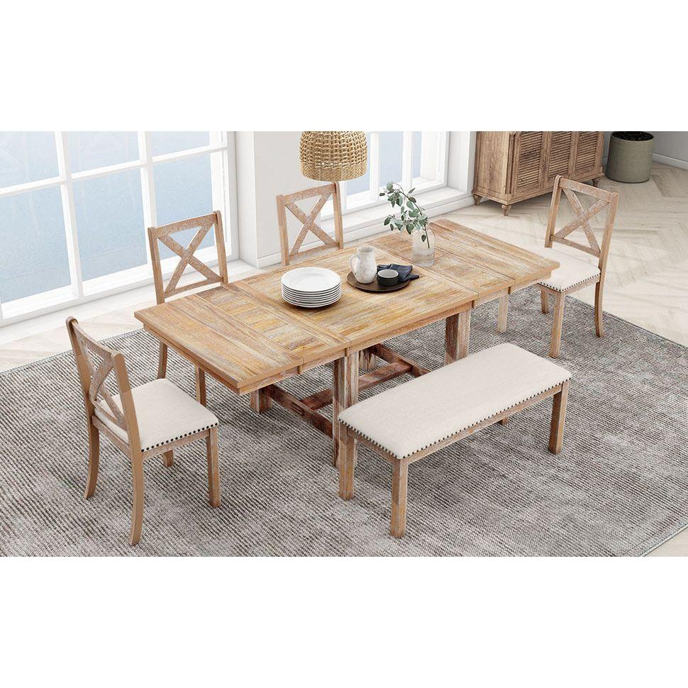 Farmhouse 82inch 6-Piece Extendable Dining Table with Footrest, 4 Upholstered Dining Chairs and Dining Bench, Two 11"Removable Leaf, Natural+Beige Cushion