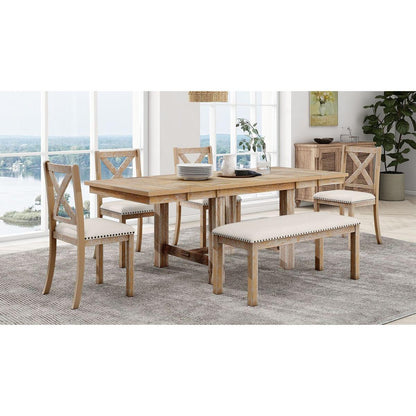 Farmhouse 82inch 6-Piece Extendable Dining Table with Footrest, 4 Upholstered Dining Chairs and Dining Bench, Two 11"Removable Leaf, Natural+Beige Cushion