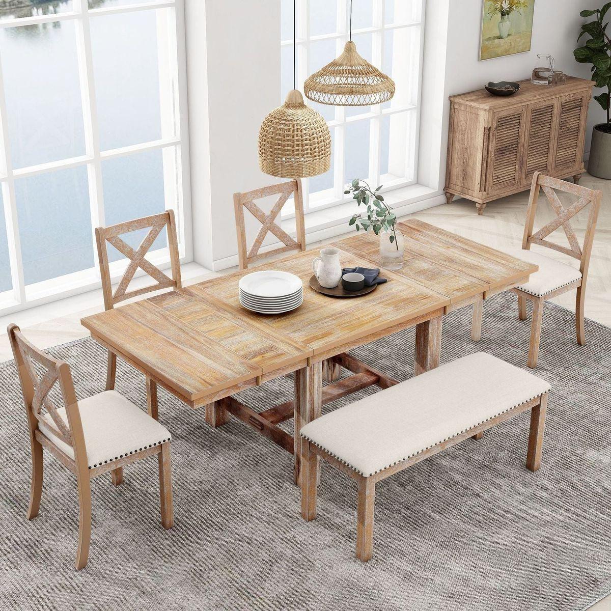 Farmhouse 82inch 6-Piece Extendable Dining Table with Footrest, 4 Upholstered Dining Chairs and Dining Bench, Two 11"Removable Leaf, Natural+Beige Cushion