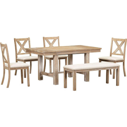 Farmhouse 82inch 6-Piece Extendable Dining Table with Footrest, 4 Upholstered Dining Chairs and Dining Bench, Two 11"Removable Leaf, Natural+Beige Cushion