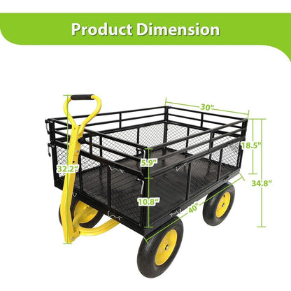 Steel Garden Cart, Heavy Duty 1400 lbs Capacity, with Removable Mesh Sides to Convert into Flatbed, Utility Metal Wagon with 2-in-1 Handle and 16 in Tires, Perfect for Garden, Farm, Yard