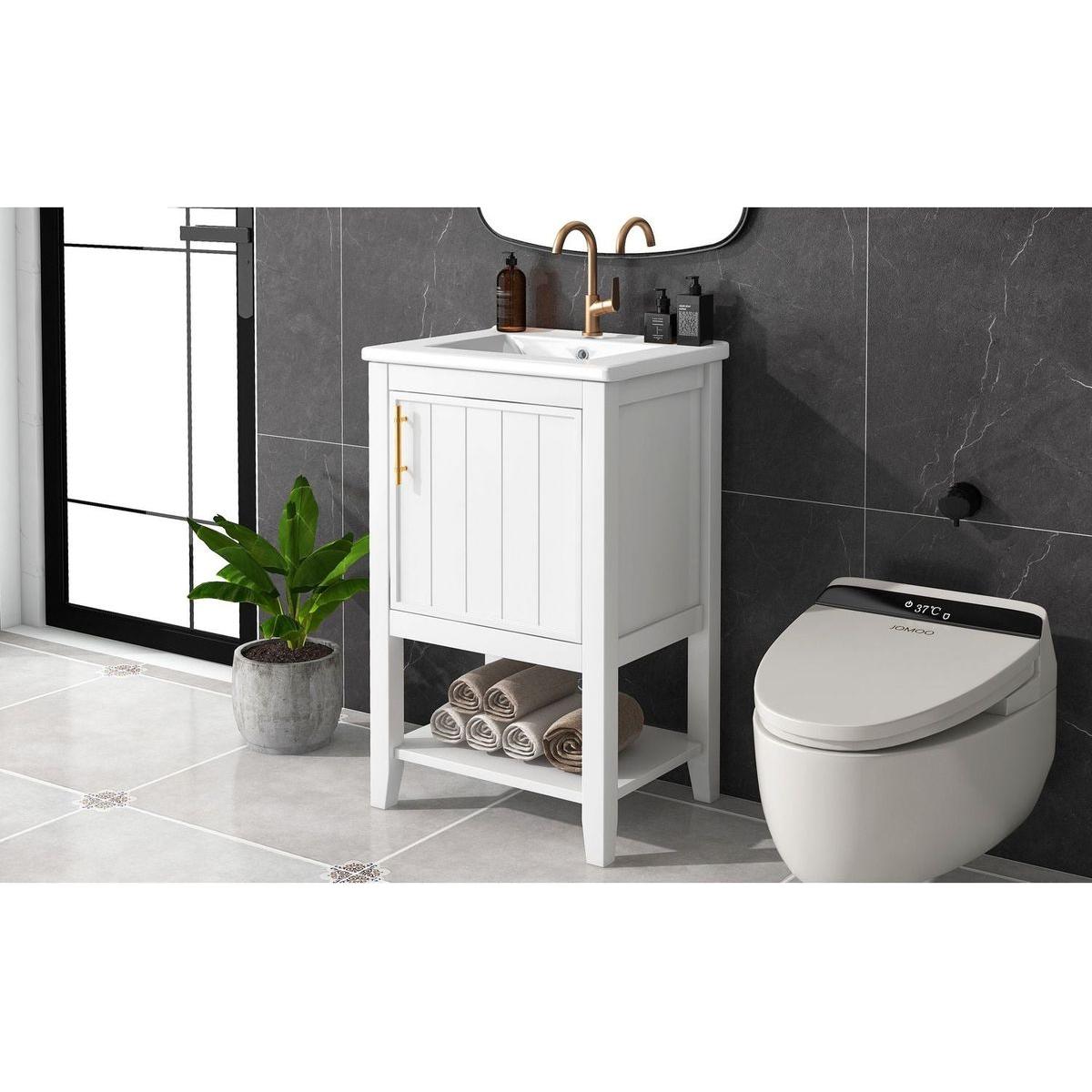 20" Bathroom Vanity with Sink, Bathroom Cabinet with Soft Closing Door, Storage Rack and Open Shelf, White