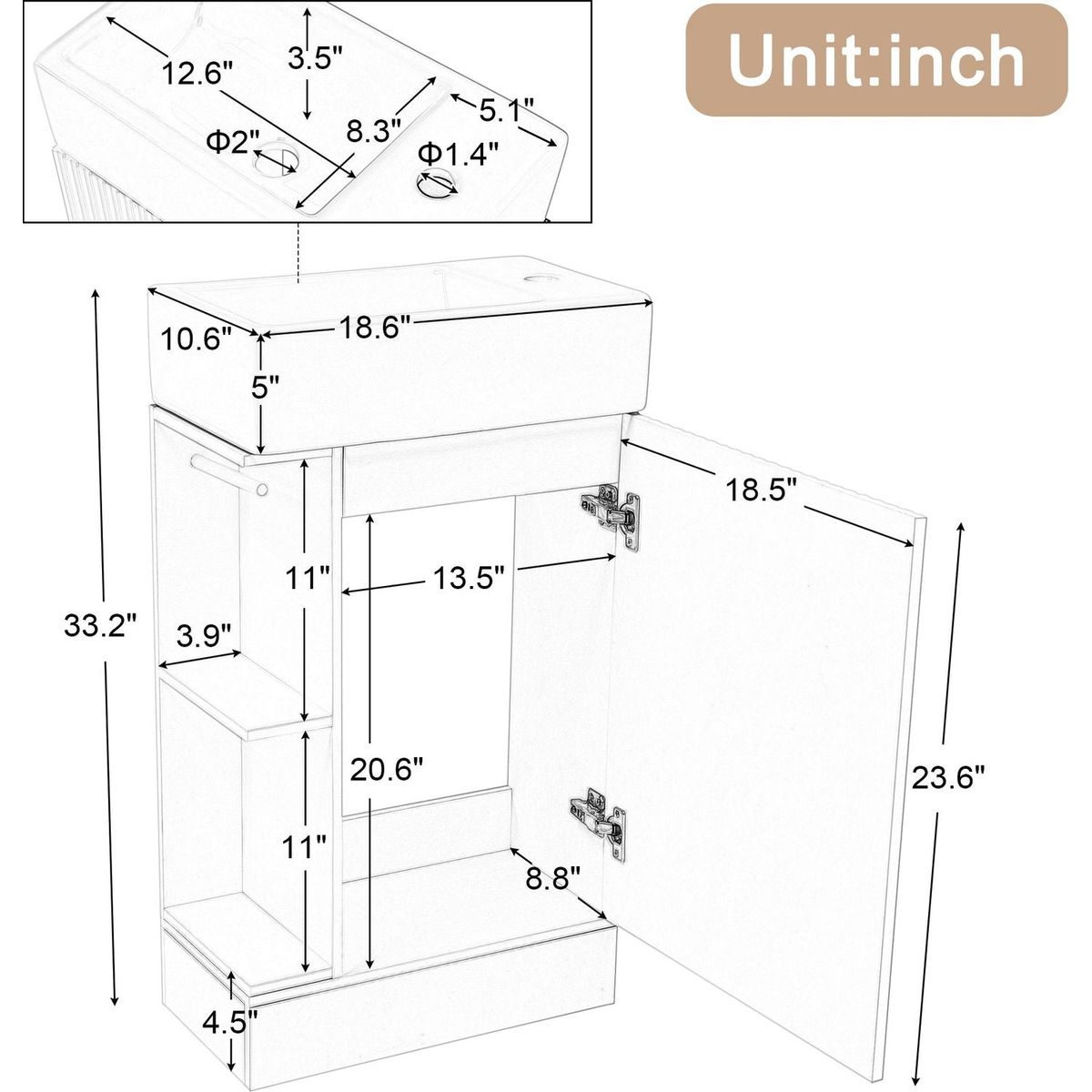 18.6" Bathroom Vanity with Sink, Bathroom Vanity Cabinet with Two-tier Shelf, Left or Right Orientation, White