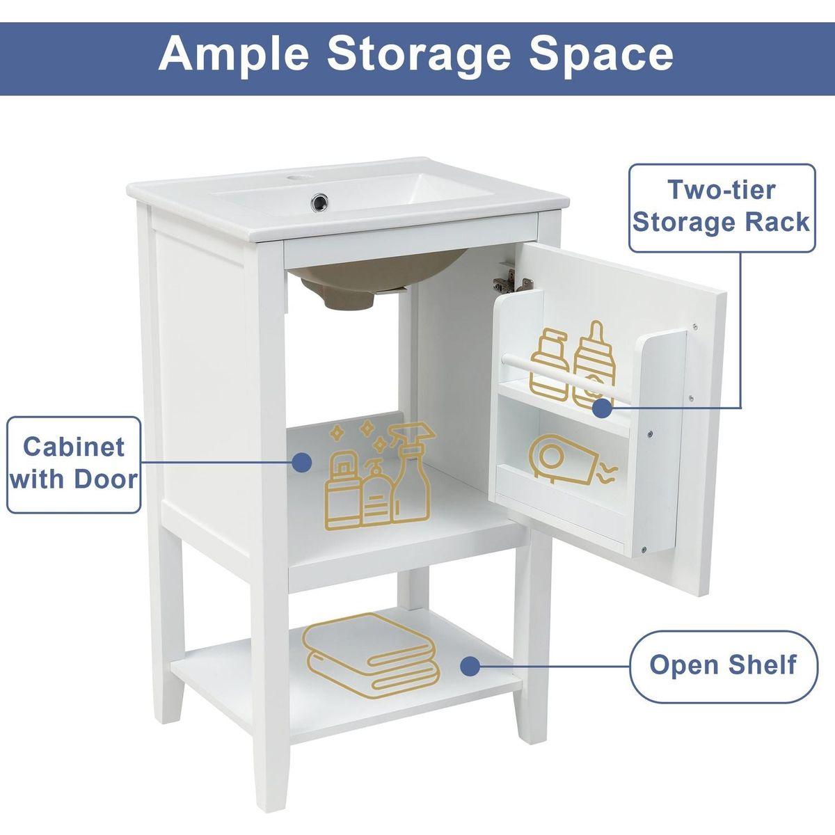 20" Bathroom Vanity with Sink, Bathroom Cabinet with Soft Closing Door, Storage Rack and Open Shelf, White