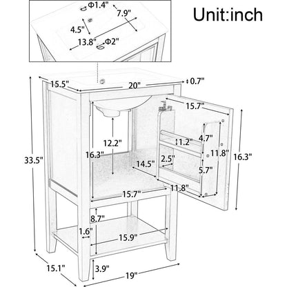 20" Bathroom Vanity with Sink, Bathroom Cabinet with Soft Closing Door, Storage Rack and Open Shelf, White