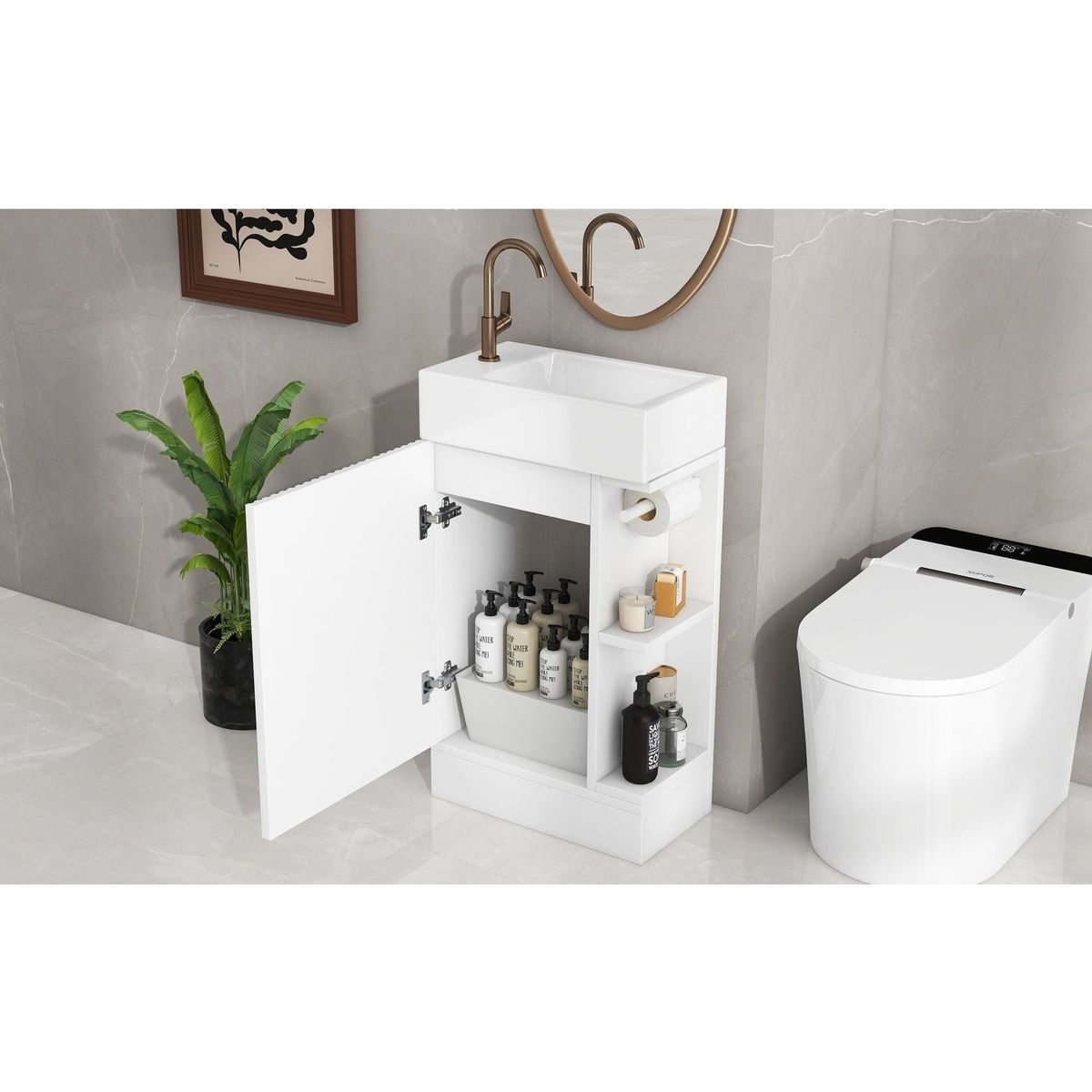 18.6" Bathroom Vanity with Sink, Bathroom Vanity Cabinet with Two-tier Shelf, Left or Right Orientation, White