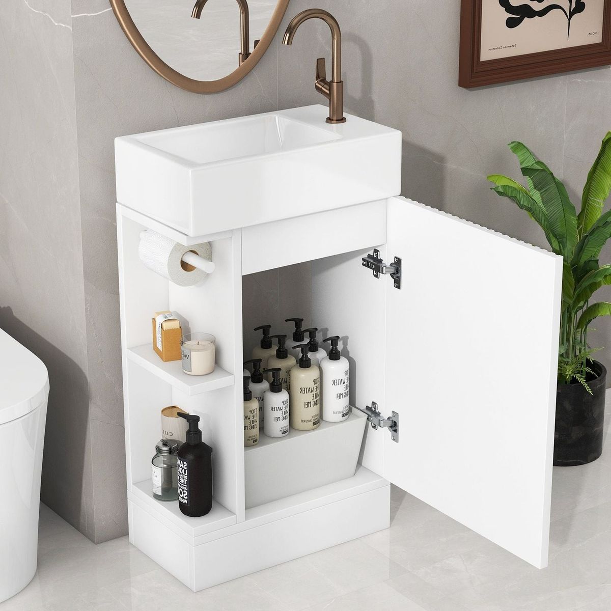 18.6" Bathroom Vanity with Sink, Bathroom Vanity Cabinet with Two-tier Shelf, Left or Right Orientation, White