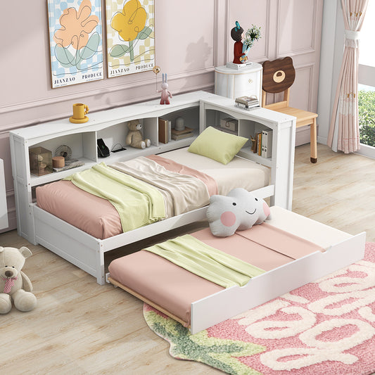 Twin Size Daybed with Trundle, Storage Cabinets and USB Ports, White
