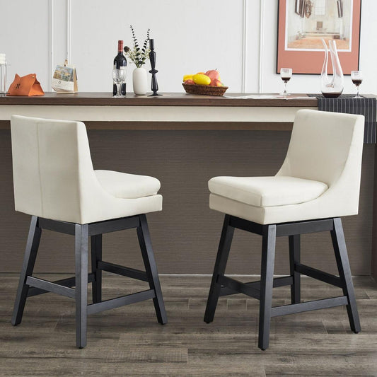 26" Upholstered Swivel Bar Stools Set of 2, Modern Linen Fabric High Back Counter Stools with Ergonomic Design and Wood Frame