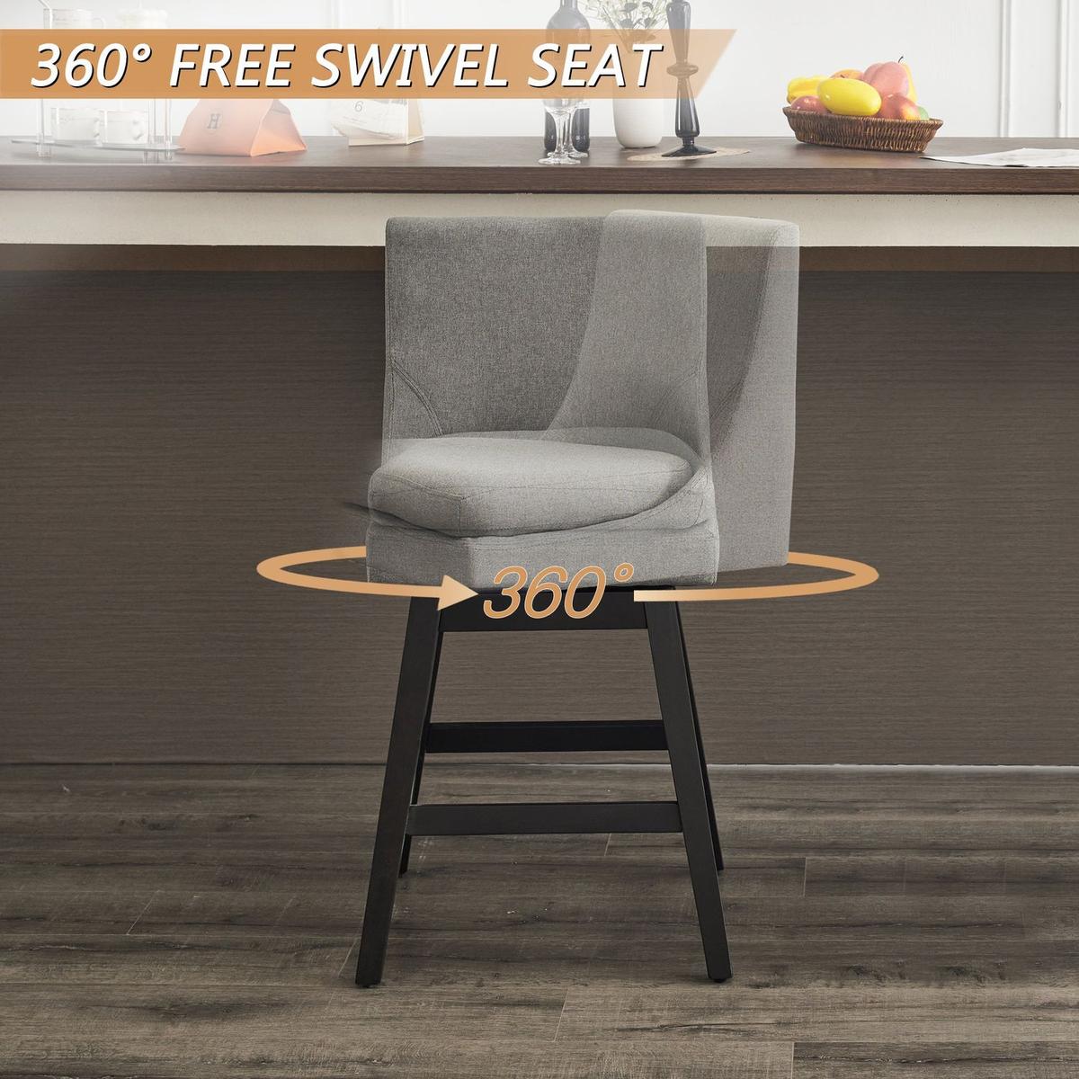 26" Upholstered Swivel Bar Stools Set of 2, Modern Linen Fabric High Back Counter Stools with Ergonomic Design and Wood Frame