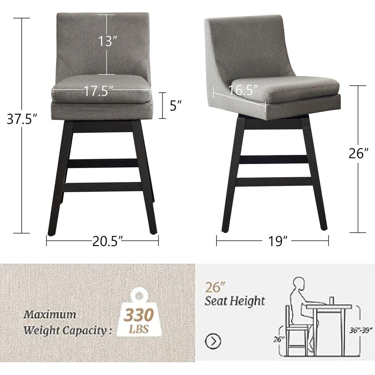 26" Upholstered Swivel Bar Stools Set of 2, Modern Linen Fabric High Back Counter Stools with Ergonomic Design and Wood Frame