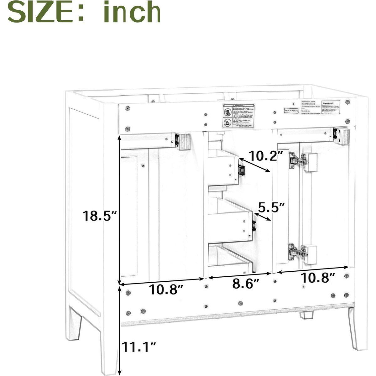 36" Bathroom Vanity without Sink, Cabinet Base Only, Two Cabinets and Five Drawers, Solid Wood Frame, Grey