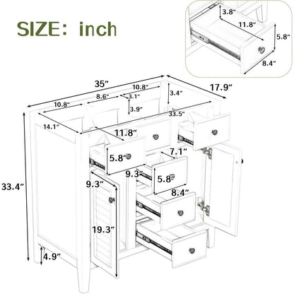 36" Bathroom Vanity without Sink, Cabinet Base Only, Two Cabinets and Five Drawers, Solid Wood Frame, Grey