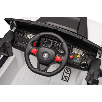 12v7a 30wx2 Four-wheel drive leather seat one button start,forward and backward, high and low speed, music, front light, power display, two doors can open, 2.4G R/C, seat belt four wheel absorber