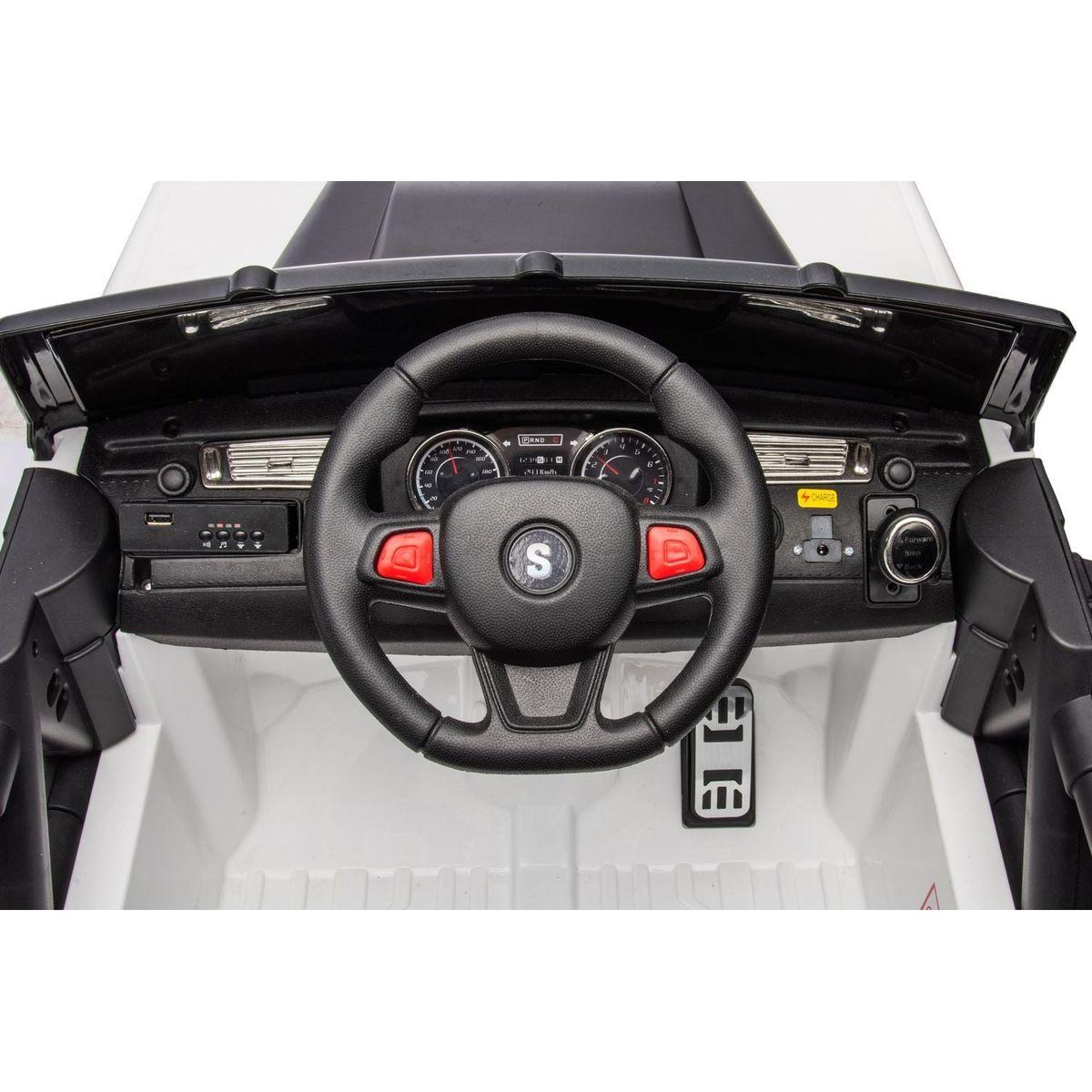 12v7a 30wx2 Four-wheel drive leather seat one button start,forward and backward, high and low speed, music, front light, power display, two doors can open, 2.4G R/C, seat belt four wheel absorber