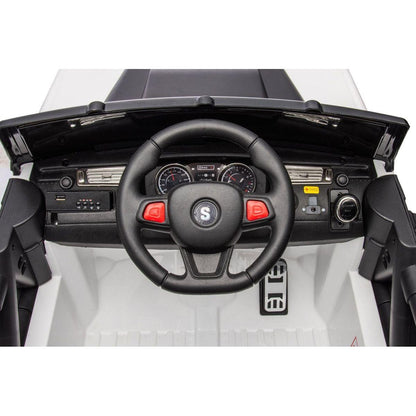 12v7a 30wx2 Four-wheel drive leather seat one button start,forward and backward, high and low speed, music, front light, power display, two doors can open, 2.4G R/C, seat belt four wheel absorber