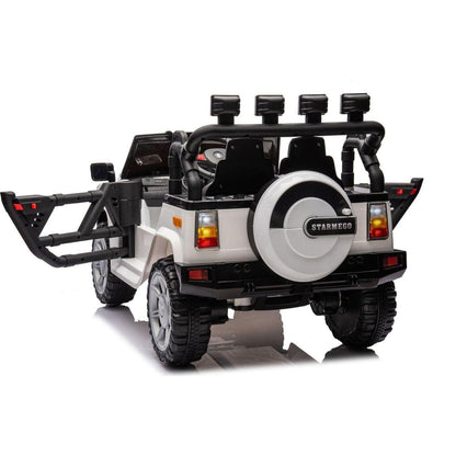 12v7a 30wx2 Four-wheel drive leather seat one button start,forward and backward, high and low speed, music, front light, power display, two doors can open, 2.4G R/C, seat belt four wheel absorber