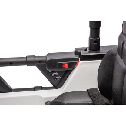 12v7a 30wx2 Four-wheel drive leather seat one button start,forward and backward, high and low speed, music, front light, power display, two doors can open, 2.4G R/C, seat belt four wheel absorber