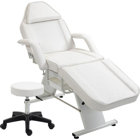 Massage Salon Tattoo Chair with Two Trays Esthetician Bed with Hydraulic Stool,Multi-Purpose 3-Section Facial Bed Table, Adjustable Beauty Barber Spa Beauty Equipment, White