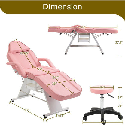Massage Salon Tattoo Chair with Two Trays Esthetician Bed with Hydraulic Stool,Multi-Purpose 3-Section Facial Bed Table, Adjustable Beauty Barber Spa Beauty Equipment, Pink