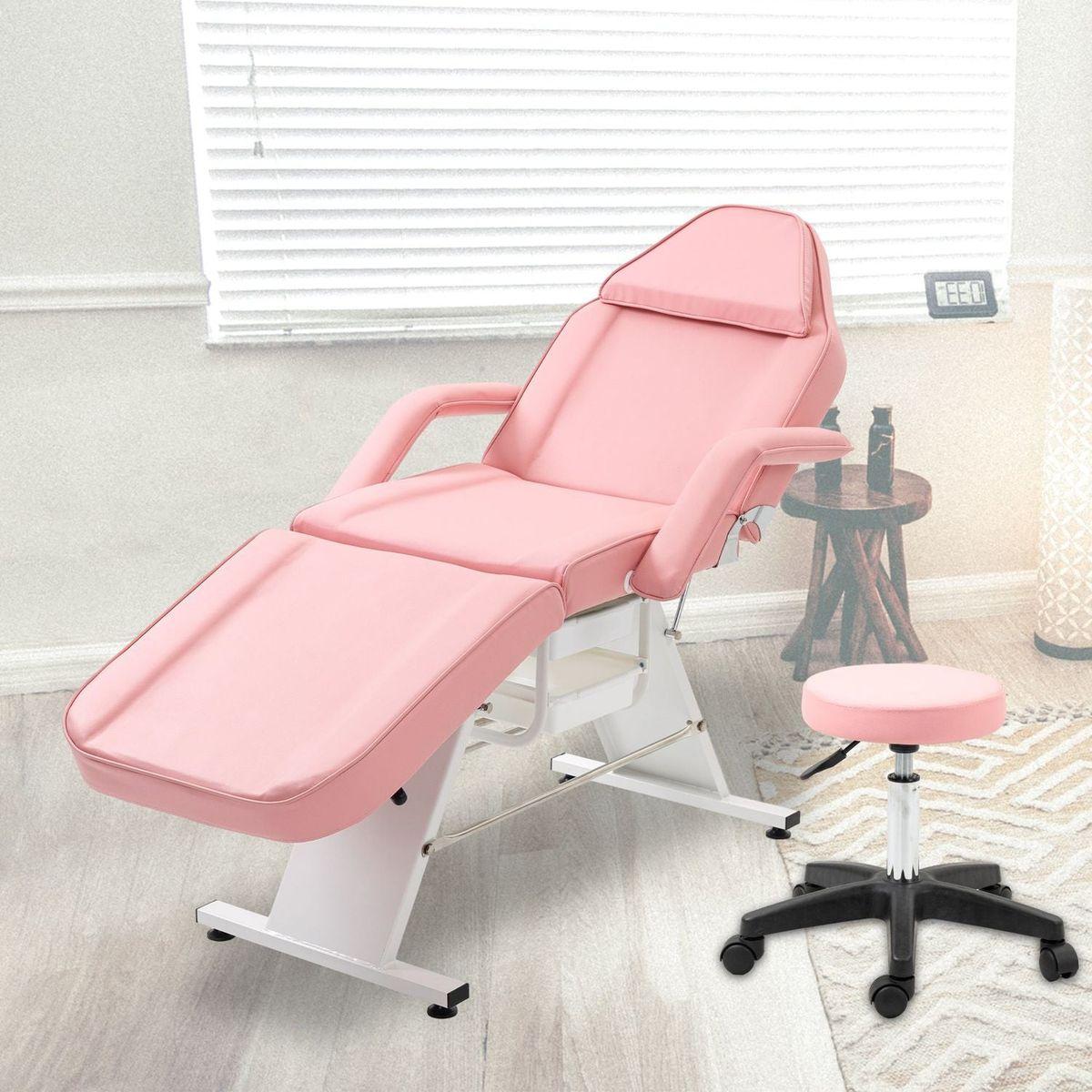 Massage Salon Tattoo Chair with Two Trays Esthetician Bed with Hydraulic Stool,Multi-Purpose 3-Section Facial Bed Table, Adjustable Beauty Barber Spa Beauty Equipment, Pink