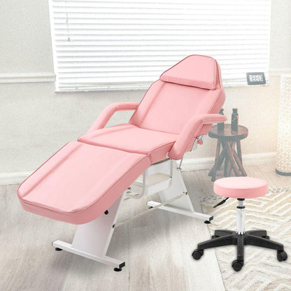 Massage Salon Tattoo Chair with Two Trays Esthetician Bed with Hydraulic Stool,Multi-Purpose 3-Section Facial Bed Table, Adjustable Beauty Barber Spa Beauty Equipment, Pink