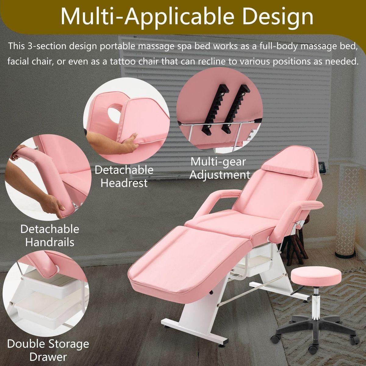 Massage Salon Tattoo Chair with Two Trays Esthetician Bed with Hydraulic Stool,Multi-Purpose 3-Section Facial Bed Table, Adjustable Beauty Barber Spa Beauty Equipment, Pink