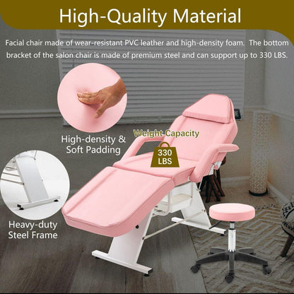 Massage Salon Tattoo Chair with Two Trays Esthetician Bed with Hydraulic Stool,Multi-Purpose 3-Section Facial Bed Table, Adjustable Beauty Barber Spa Beauty Equipment, Pink