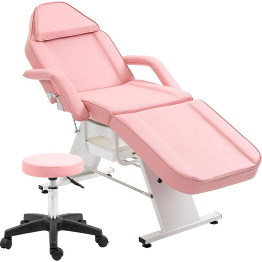 Massage Salon Tattoo Chair with Two Trays Esthetician Bed with Hydraulic Stool,Multi-Purpose 3-Section Facial Bed Table, Adjustable Beauty Barber Spa Beauty Equipment, Pink