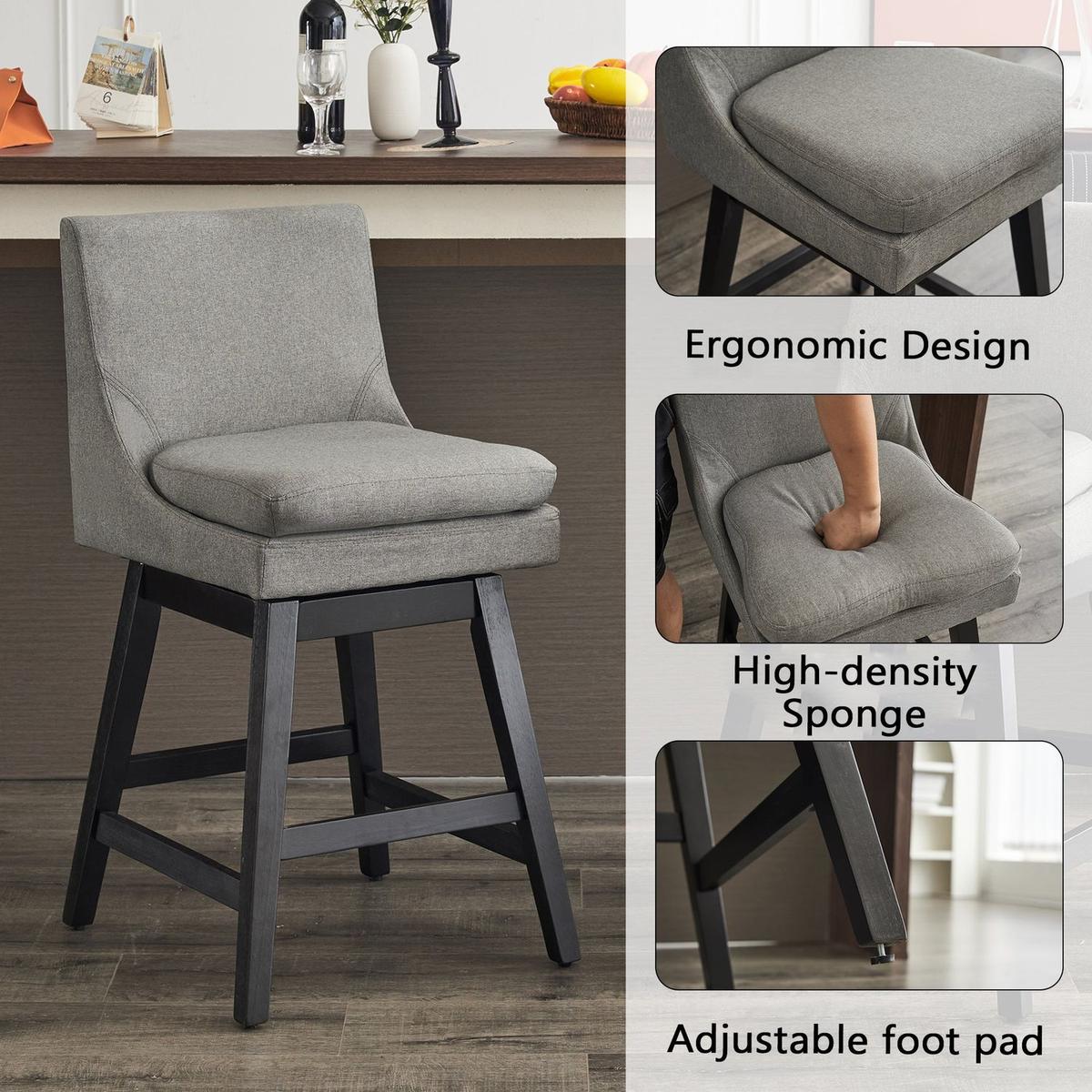 26" Upholstered Swivel Bar Stools Set of 2, Modern Linen Fabric High Back Counter Stools with Ergonomic Design and Wood Frame