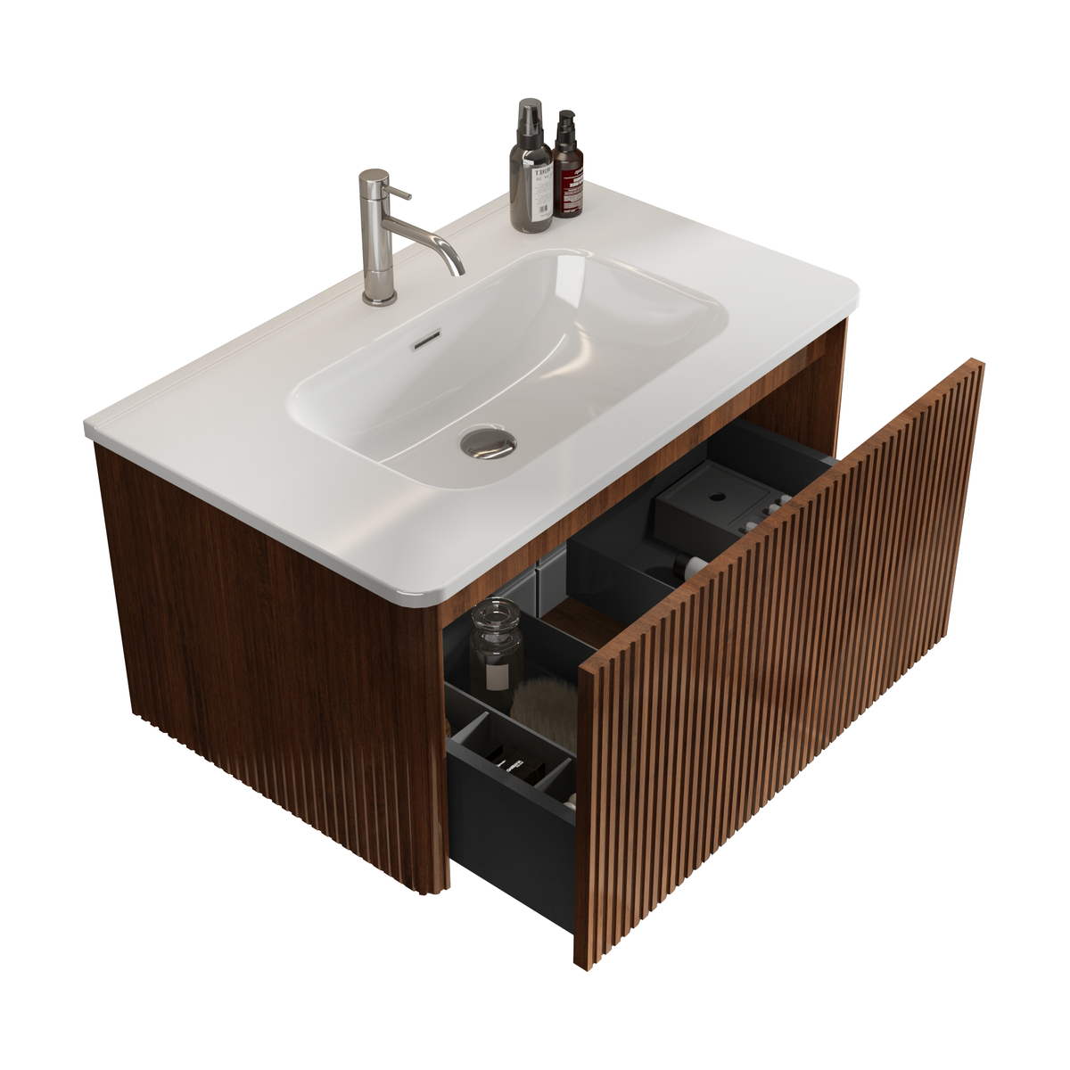 U047-Etna30W-305 Etna 30" Striped Walnut Bathroom Vanity with White Ceramic Sink, Wall Mounted Floating Bathroom Vanity for Modern Bathroom, Pre-assembled