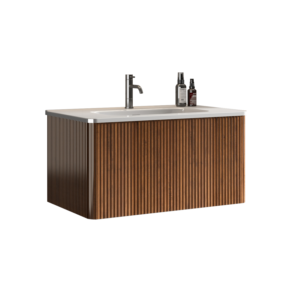 U047-Etna30W-305 Etna 30" Striped Walnut Bathroom Vanity with White Ceramic Sink, Wall Mounted Floating Bathroom Vanity for Modern Bathroom, Pre-assembled