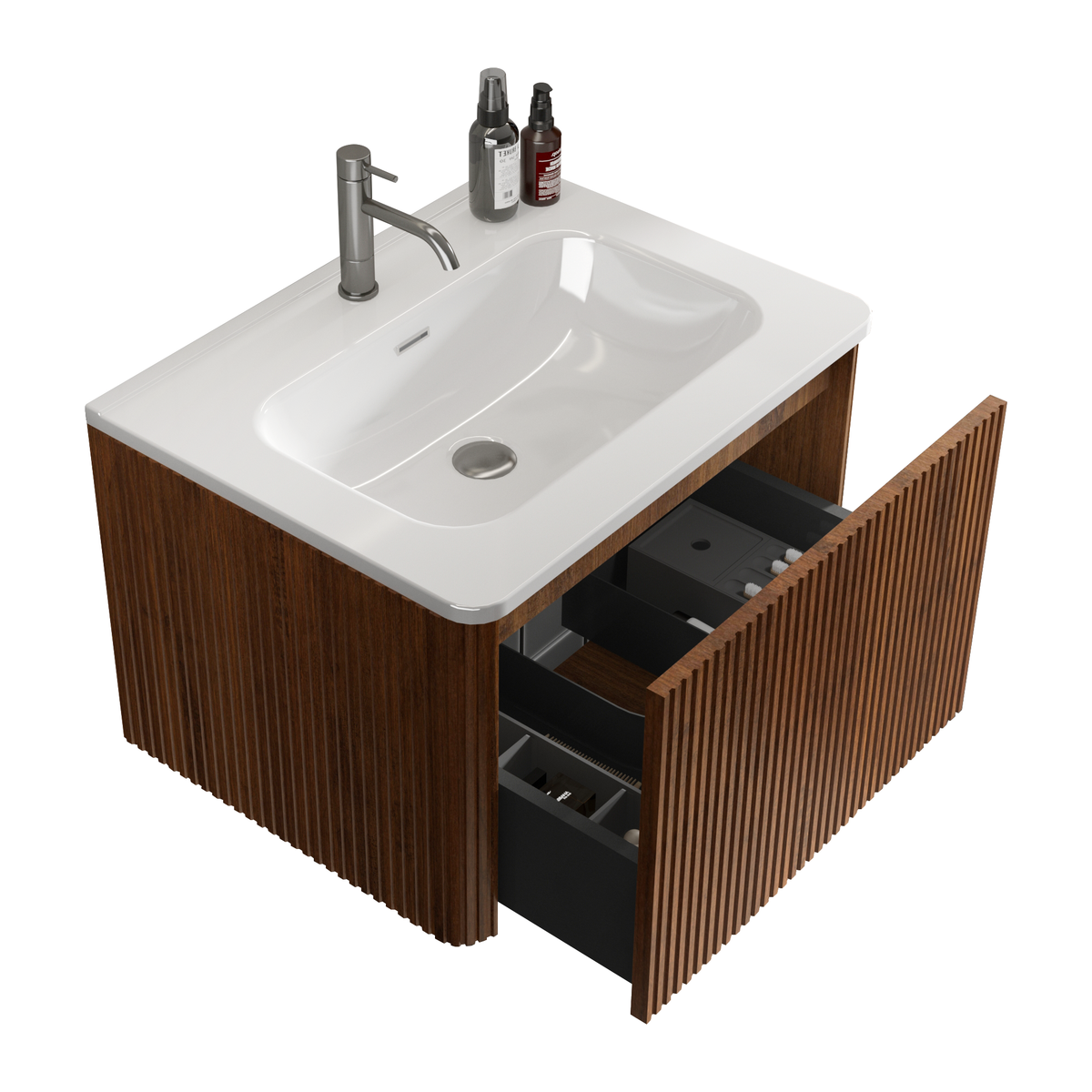 U046-Etna24W-305 Etna 24" Striped Walnut Bathroom Vanity with White Ceramic Sink, Wall Mounted Floating Bathroom Vanity for Modern Bathroom, Pre-assembled