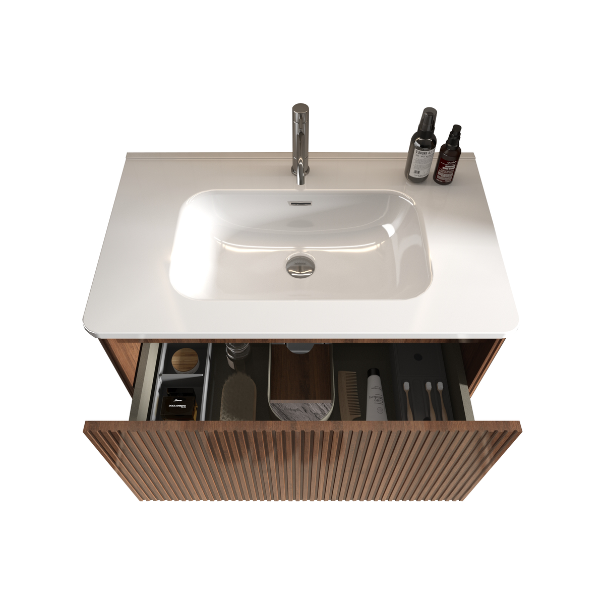 U047-Etna30W-305 Etna 30" Striped Walnut Bathroom Vanity with White Ceramic Sink, Wall Mounted Floating Bathroom Vanity for Modern Bathroom, Pre-assembled