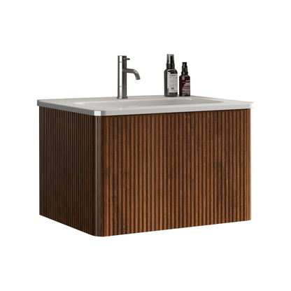 U046-Etna24W-305 Etna 24" Striped Walnut Bathroom Vanity with White Ceramic Sink, Wall Mounted Floating Bathroom Vanity for Modern Bathroom, Pre-assembled