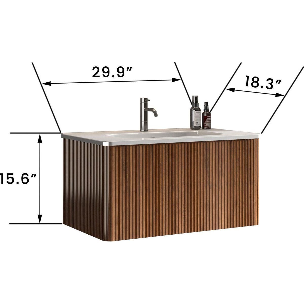 U047-Etna30W-305 Etna 30" Striped Walnut Bathroom Vanity with White Ceramic Sink, Wall Mounted Floating Bathroom Vanity for Modern Bathroom, Pre-assembled