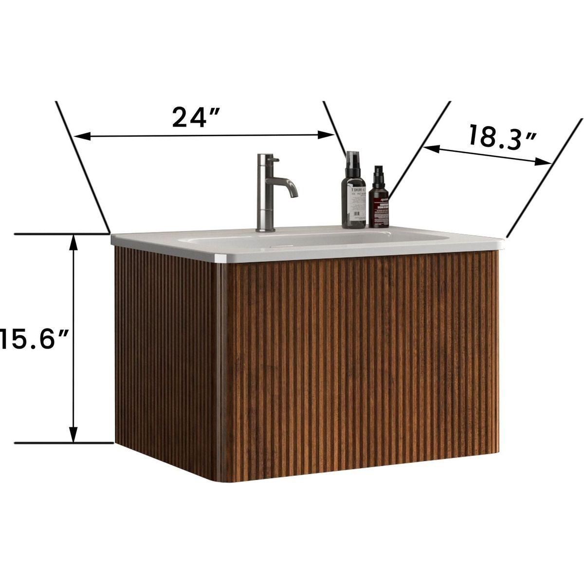 U046-Etna24W-305 Etna 24" Striped Walnut Bathroom Vanity with White Ceramic Sink, Wall Mounted Floating Bathroom Vanity for Modern Bathroom, Pre-assembled