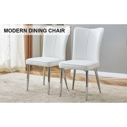 Modern minimalist dining chairs, office chairs. 2-piece set of white PU seats with silver metal legs. Suitable for restaurants, living rooms, and offices.