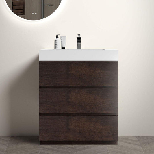 Alice 30" Walnut Bathroom Vanity with Sink, Large Storage Freestanding Bathroom Vanity for Modern Bathroom, One-Piece White Sink Basin without Drain and Faucet, Pre-assembled