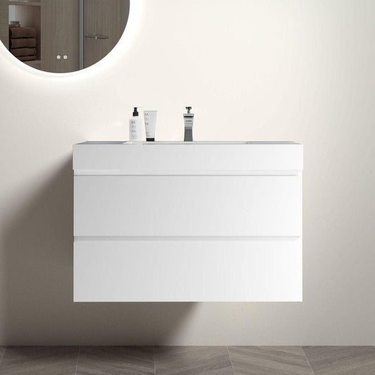 Alice 36" White Bathroom Vanity with Sink, Large Storage Wall Mounted Floating Bathroom Vanity for Modern Bathroom, One-Piece White Sink Basin without Drain and Faucet, Pre-assembled