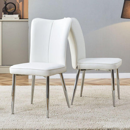 Modern minimalist dining chairs, office chairs. 2-piece set of white PU seats with silver metal legs. Suitable for restaurants, living rooms, and offices.