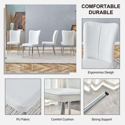 Modern minimalist dining chairs, office chairs. 2-piece set of white PU seats with silver metal legs. Suitable for restaurants, living rooms, and offices.