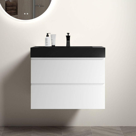 Alice 30" White Bathroom Vanity with Sink, Large Storage Wall Mounted Floating Bathroom Vanity for Modern Bathroom, One-Piece Black Sink Basin without Drain and Faucet, Pre-assembled