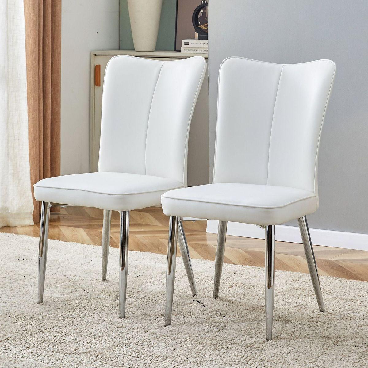 Modern minimalist dining chairs, office chairs. 2-piece set of white PU seats with silver metal legs. Suitable for restaurants, living rooms, and offices.